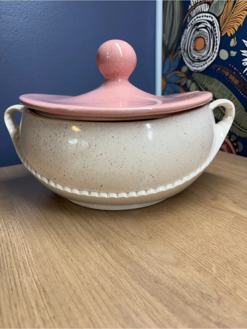 Vintage California Pottery MCM Casserole Dish Speckled White w Pink Lid